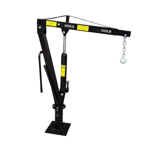 Black hydraulic crane with 2000LB and 1000LB capacity labels on a white background