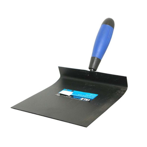 Black metal trowel with a blue handle on a white background