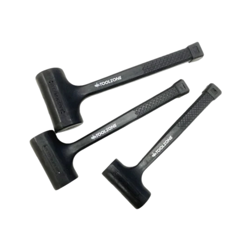 Three black Toolzone mallet hammers arranged diagonally on a plain white background.