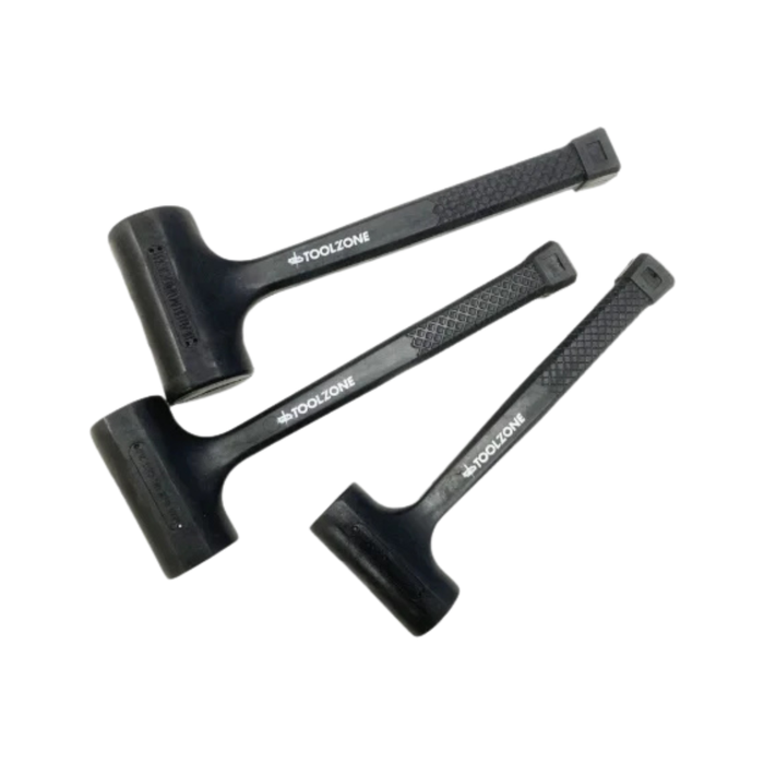 Three black Toolzone mallet hammers arranged diagonally on a plain white background.