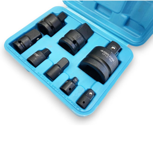 A 6-piece socket wrench extension set in black metal, neatly arranged inside an open bright blue plastic carrying case on a white background.