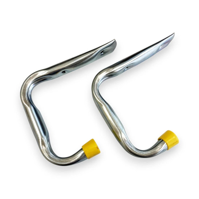 Two curved metallic mounting brackets with yellow protective caps on their tips, shown on a plain white background.