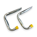 Two curved metallic mounting brackets with yellow protective caps on their tips, shown on a plain white background.