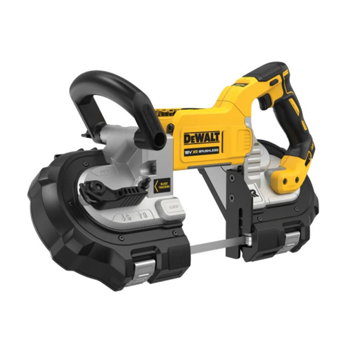 A DeWalt 18V cordless bandsaw with a black and yellow body, shown on a solid white background.