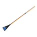 A paint scraper with a light wood handle and a black metal blade featuring blue protective plastic wrapping, shown on a plain white background.