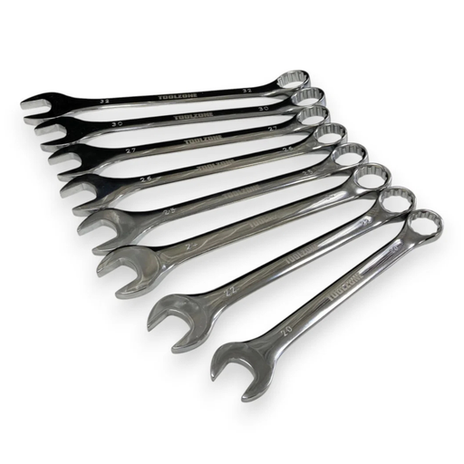 A set of eight metallic jumbo spanners in different sizes, arranged diagonally on a clean white background.