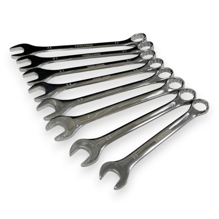 A set of eight metallic jumbo spanners in different sizes, arranged diagonally on a clean white background.