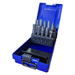 A blue plastic tool case shown open on a white background, containing a set of silver rotary burr bits in a black holder.