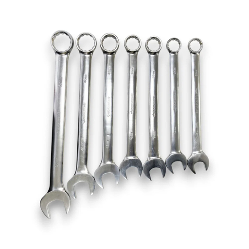 A set of seven metallic combination wrenches in varying sizes, arranged in a diagonal row on a plain white background.
