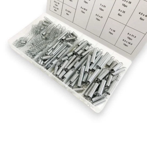 A clear plastic organizer tray filled with many small silver metal springs shown open against a white background. A printed size chart sheet is visible behind the tray.