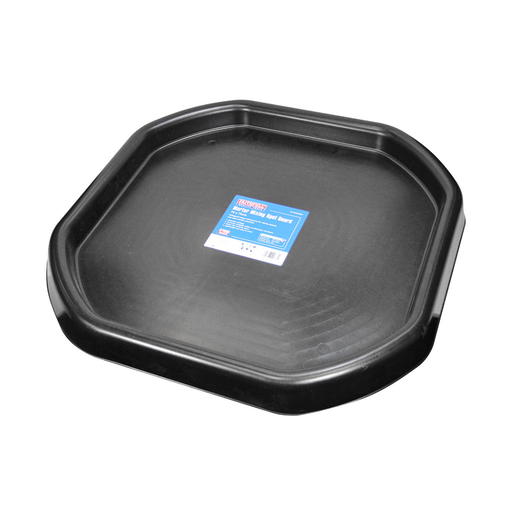 Black plastic tray with a blue label on a white background