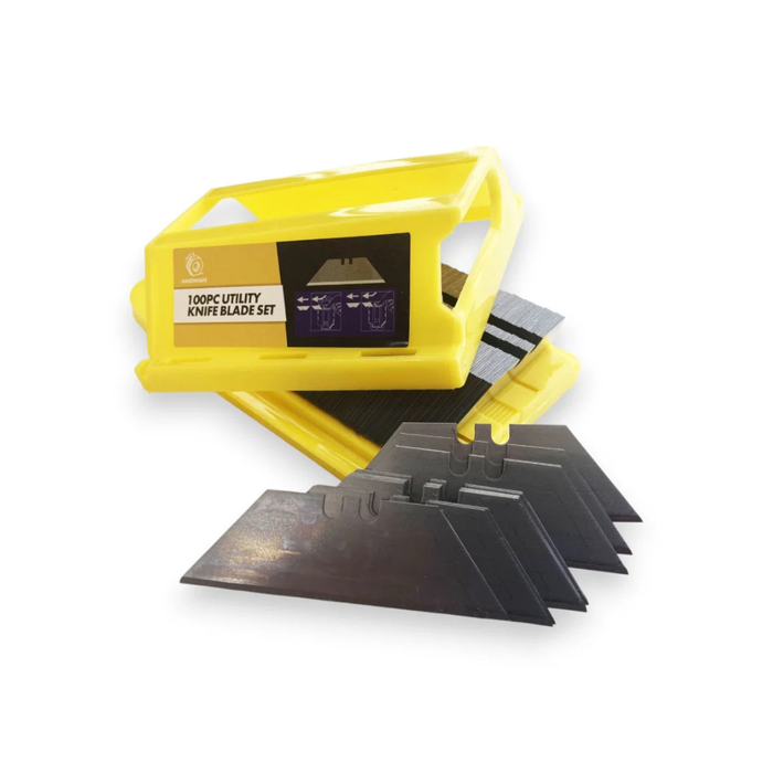 A yellow plastic 100pc utility knife blade set holder with several black replacement blades arranged in front, shown on a plain white background.