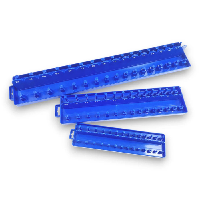 Three translucent blue plastic socket holder sets of different lengths arranged diagonally on a white background.