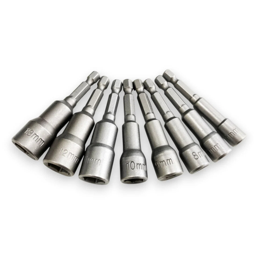 A set of eight metallic socket driver bits arranged in a fan shape on a plain white background, with size markings such as 10mm, 12mm, 13mm, and 8mm visible on the sockets.