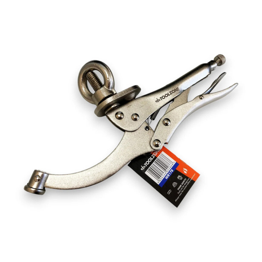 A silver metal locking pliers tool with a hanging black and orange retail tag, photographed on a clean white background.