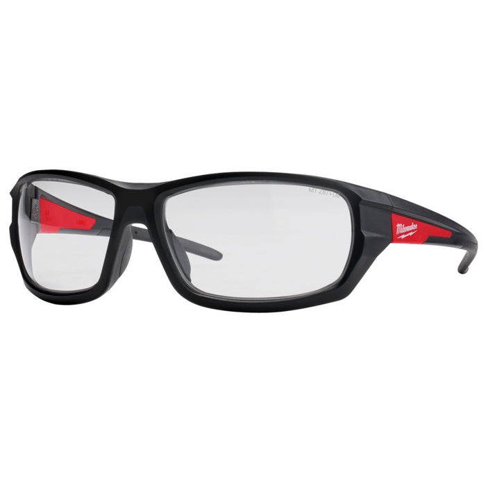 Black safety glasses with red accents on a white background