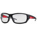 Black safety glasses with red accents on a white background