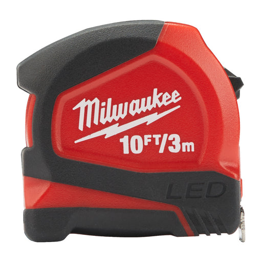 Red and black Milwaukee tape measure on a white background