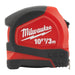 Red and black Milwaukee tape measure on a white background