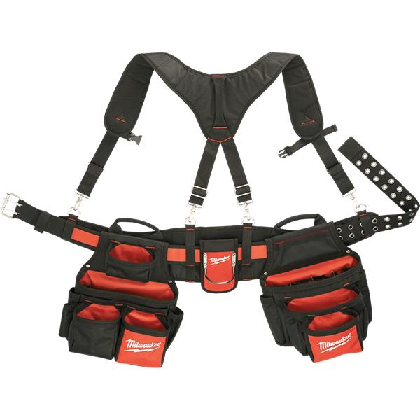Tool belt with multiple pockets and straps on a white background, featuring the Milwaukee logo.