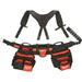 Tool belt with multiple pockets and straps on a white background, featuring the Milwaukee logo.