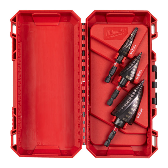 Red Milwaukee tool case with drill bits inside on a white background