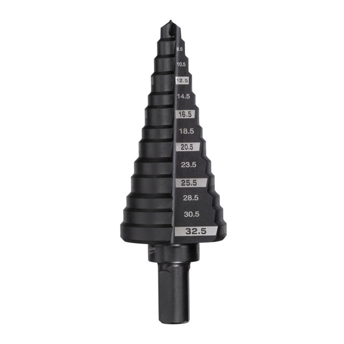 Step drill bit with size markings on a white background