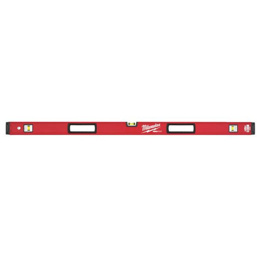 A Milwaukee red spirit level tool shown horizontally against a plain white background.
