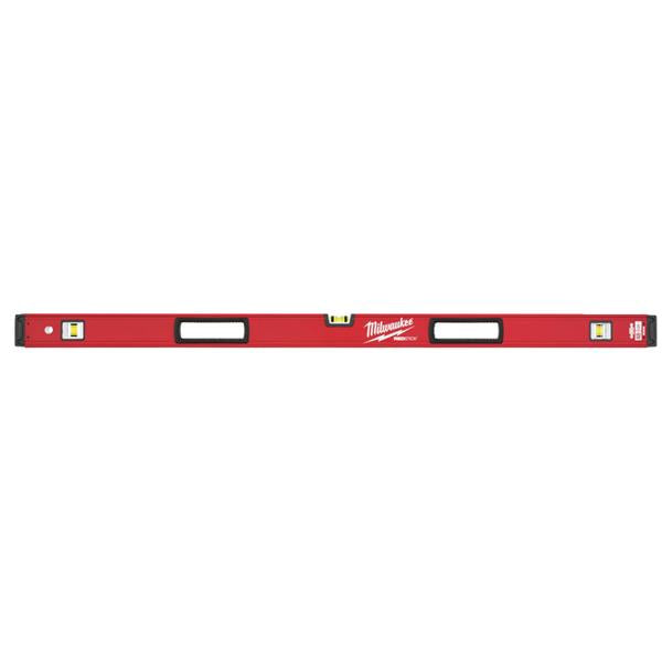 A Milwaukee red spirit level tool shown horizontally against a plain white background.
