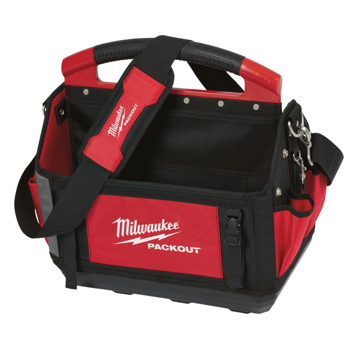 Red and black Milwaukee Packout tool bag on a white background