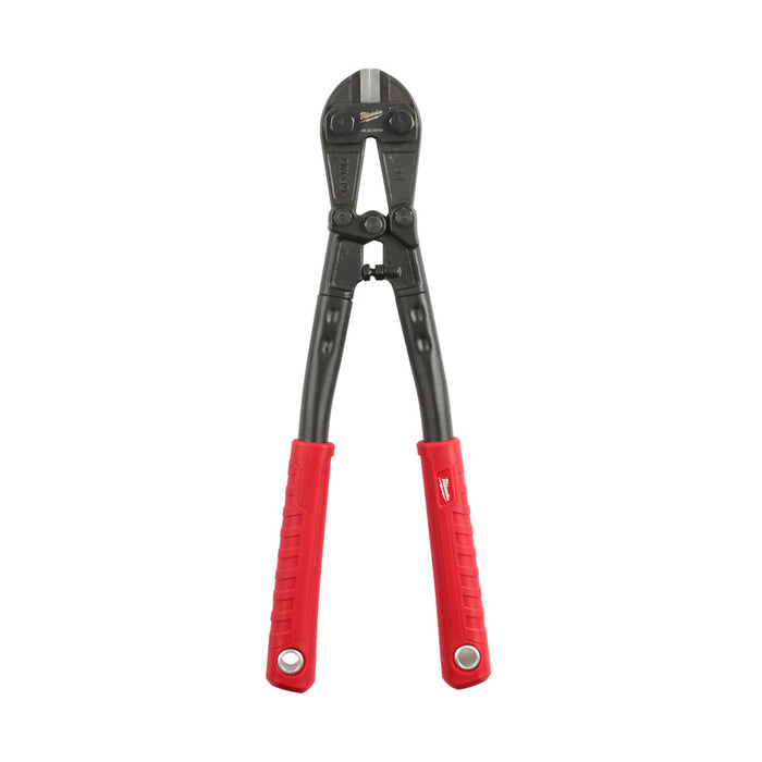 Pair of bolt cutters with red handles on a white background