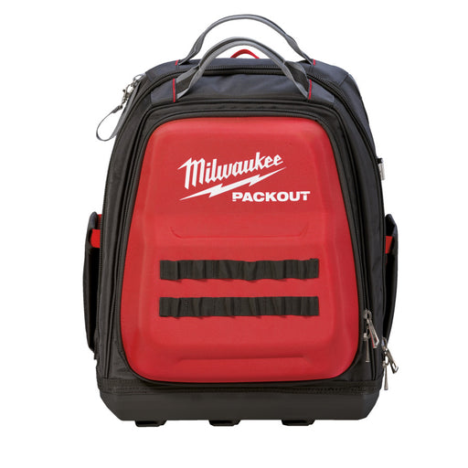 Red and black Milwaukee Packout backpack on a white background