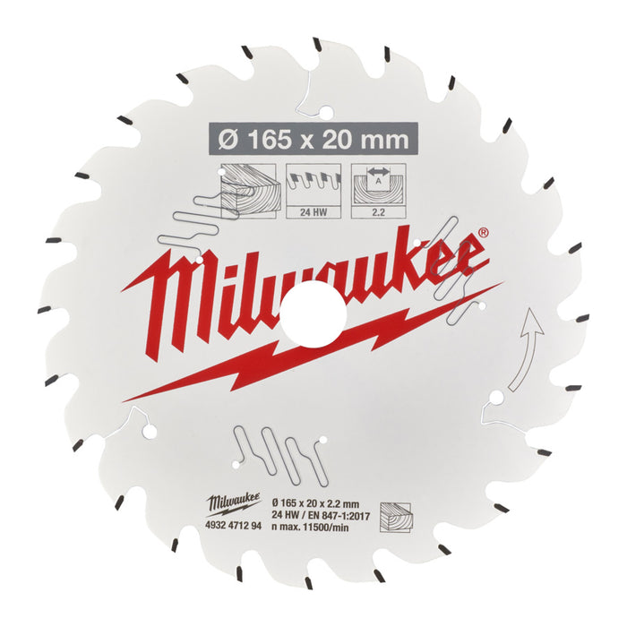 Milwaukee 4932471294 165x20mm 24t ATB Wood Circular Saw Blade