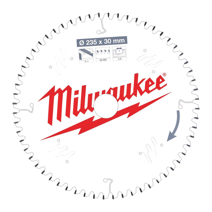 Circular saw blade with Milwaukee logo on a white background