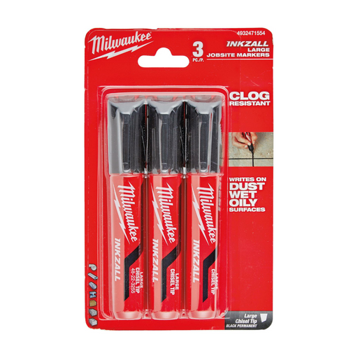 Milwaukee inkzall jobsite markers packaging with three markers inside on a white background