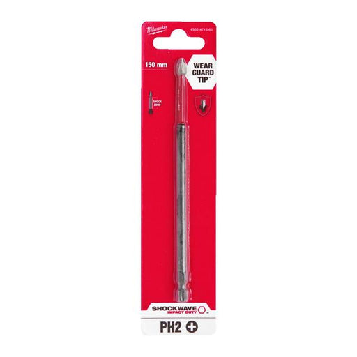 Milwaukee PH2 Shockwave 150 mm screwdriver bit with wear guard tip, in its original red and white blister packaging.