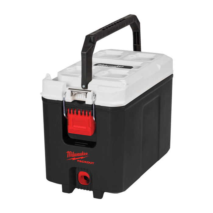 Black and white cooler box with red accents featuring Milwaukee logo on a white background