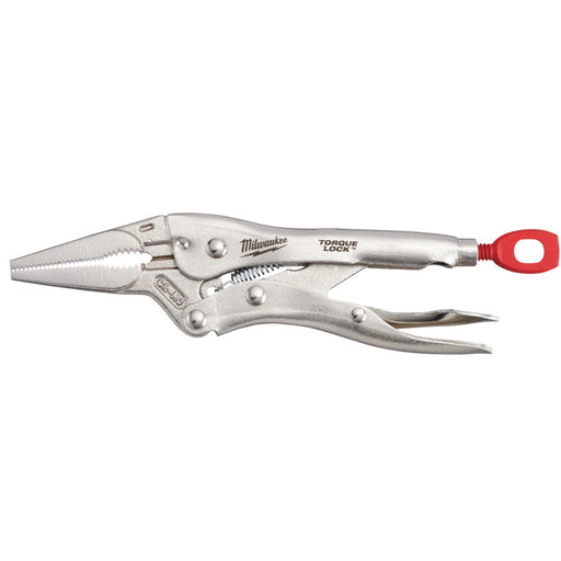 Locking pliers with a red handle on a white background