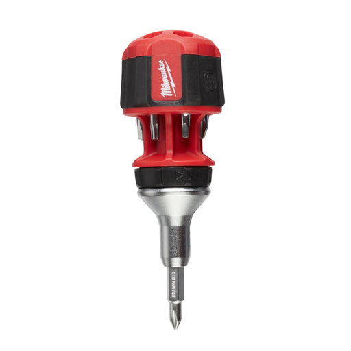 Red and black Milwaukee screwdriver with interchangeable bits on a white background