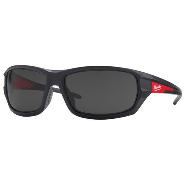 Black safety glasses with a red logo on a white background