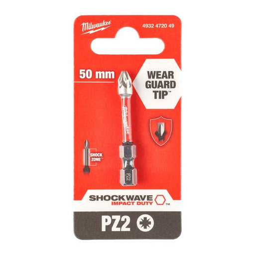 Milwaukee 50 mm Wear Guard Tip PZ2 impact driver bit in its original red and black blister card packaging.