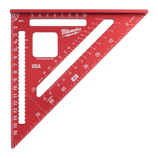 Red Milwaukee speed square ruler on a white background