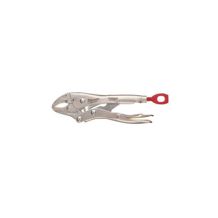 Locking pliers with a red handle on a white background