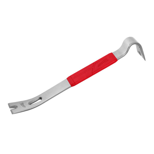 Metal pry bar with a red handle on a white background