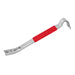 Metal pry bar with a red handle on a white background