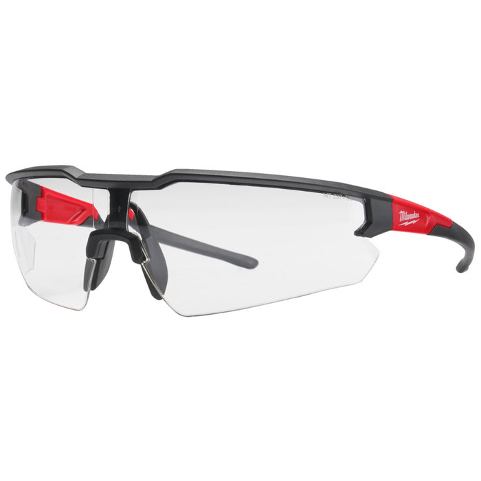 Safety glasses with black and red frame on a white background