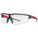 Safety glasses with black and red frame on a white background