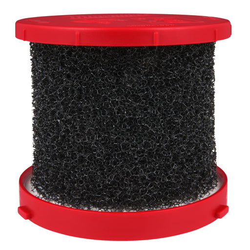 Black foam filter with red housing on a white background