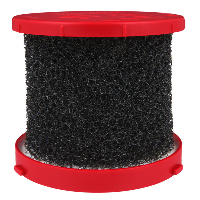 Black foam filter with red housing on a white background