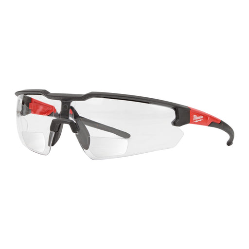 Safety glasses with black and red frame on a white background